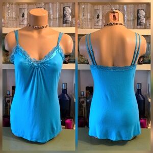 Express Cami Teal Blue M Y2K Satin Lace Trim Double Adjustable Straps V-neck EUC